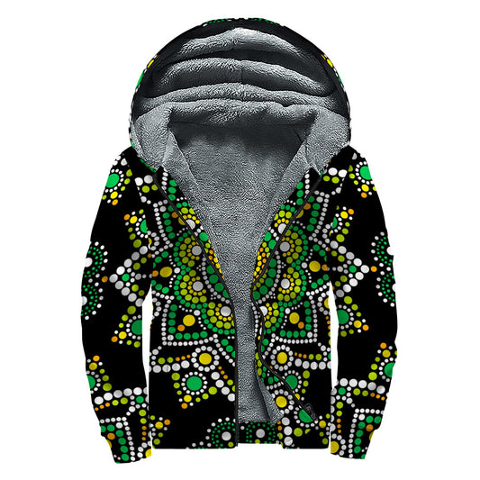 Green White Dot Mandala Print Sherpa Lined Zip Up Hoodie