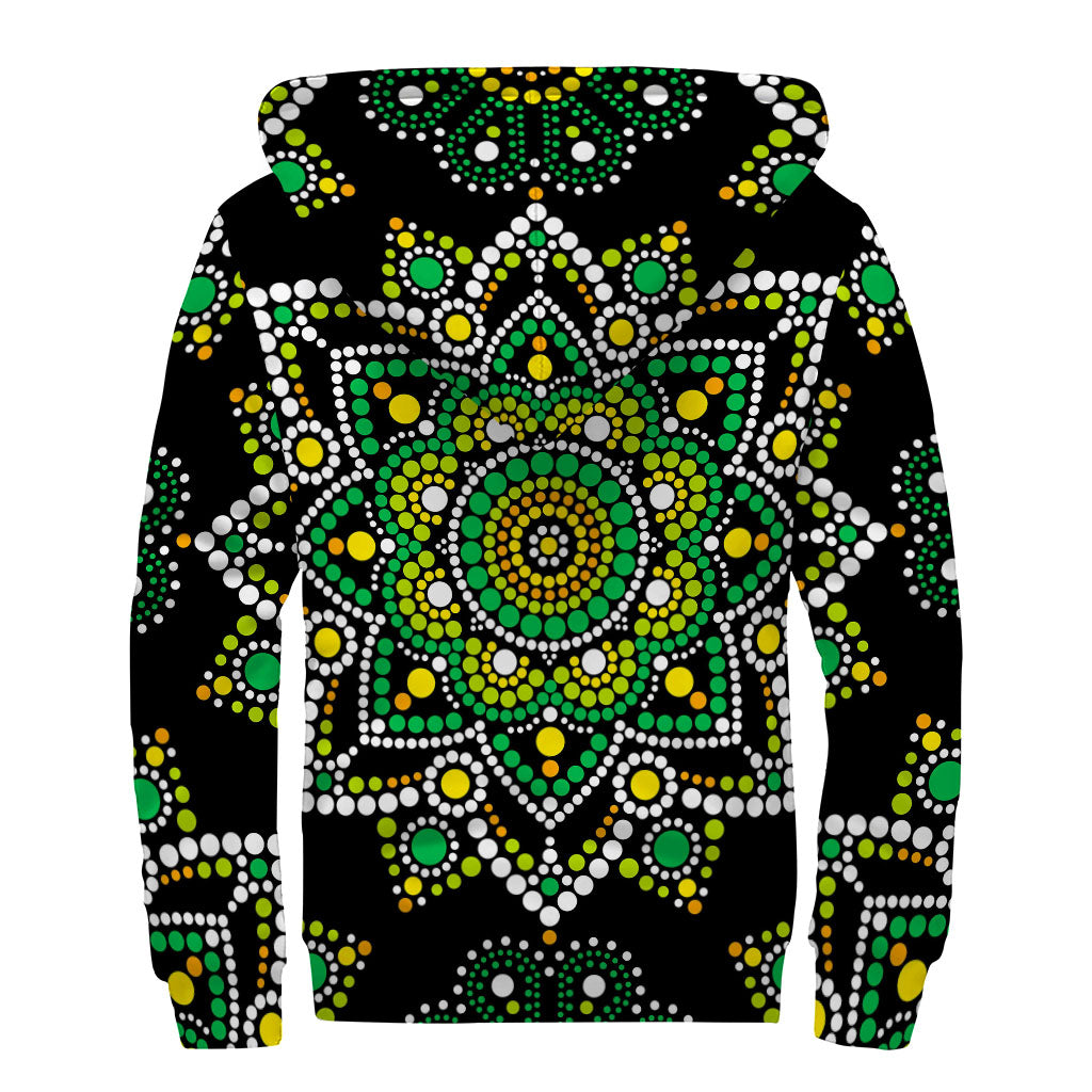 Green White Dot Mandala Print Sherpa Lined Zip Up Hoodie