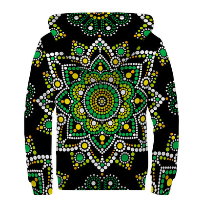 Green White Dot Mandala Print Sherpa Lined Zip Up Hoodie