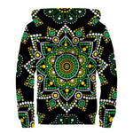 Green White Dot Mandala Print Sherpa Lined Zip Up Hoodie