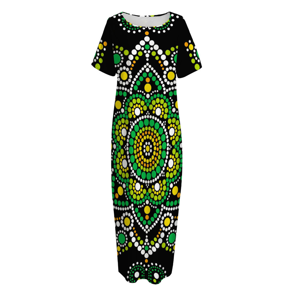 Green White Dot Mandala Print Short Sleeve Long Nightdress