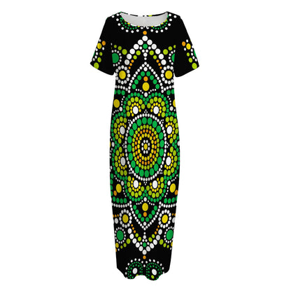 Green White Dot Mandala Print Short Sleeve Long Nightdress