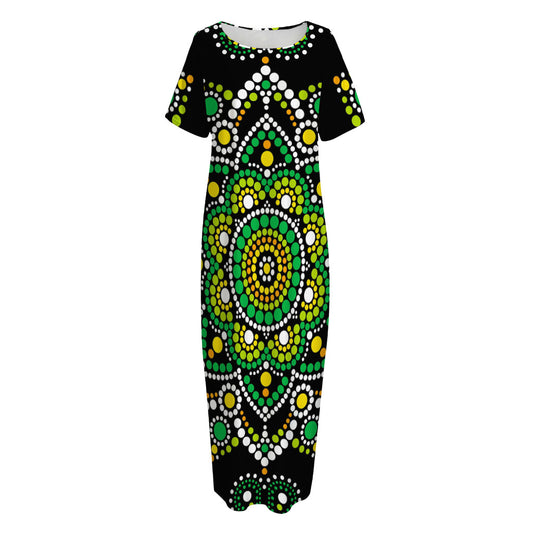 Green White Dot Mandala Print Short Sleeve Long Nightdress