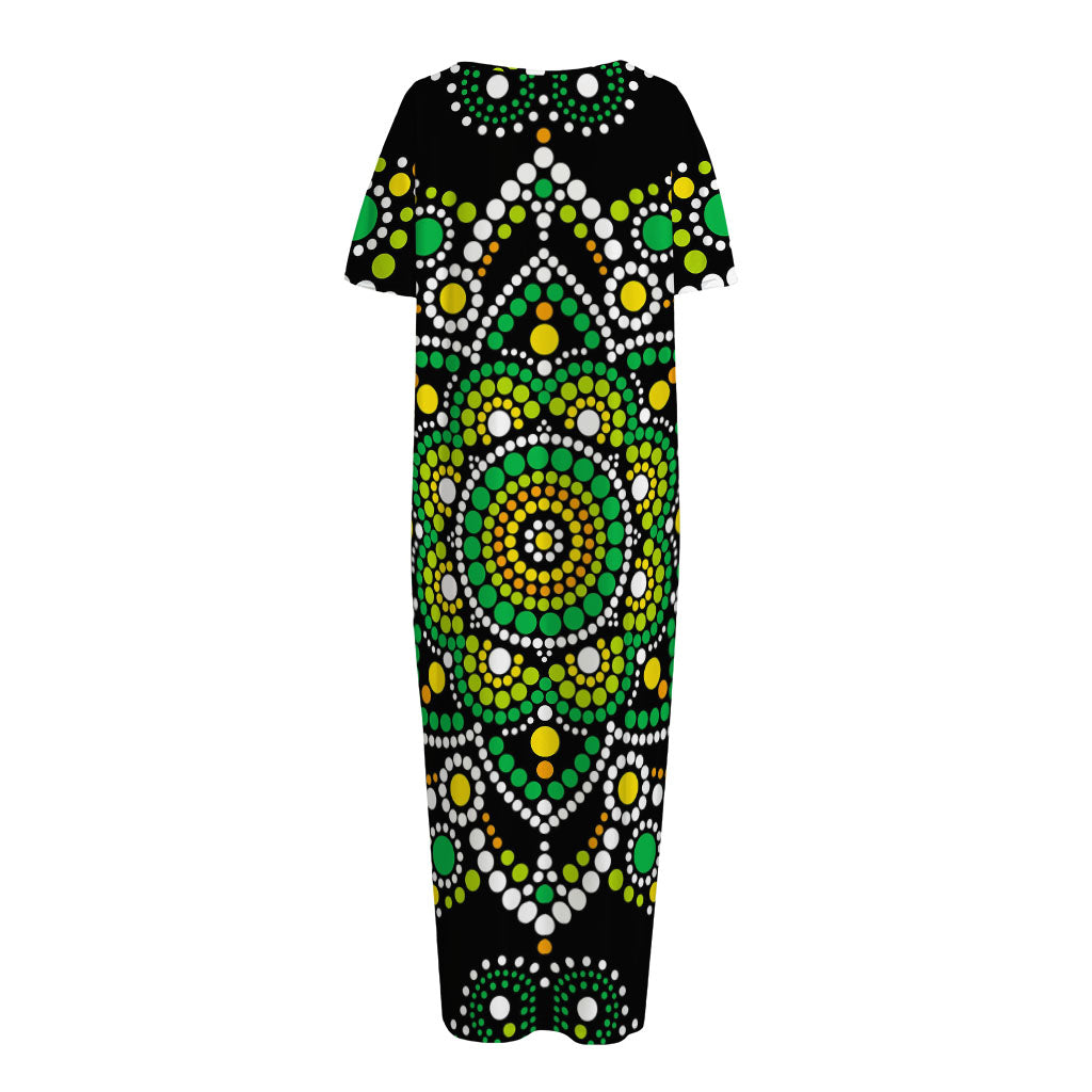 Green White Dot Mandala Print Short Sleeve Long Nightdress