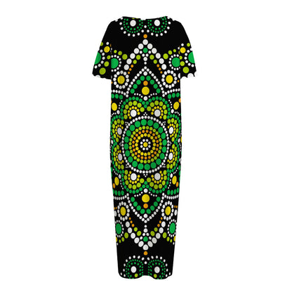 Green White Dot Mandala Print Short Sleeve Long Nightdress