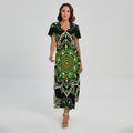 Green White Dot Mandala Print Short Sleeve Maxi Dress
