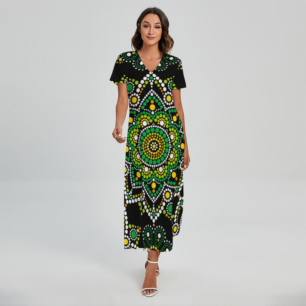 Green White Dot Mandala Print Short Sleeve Maxi Dress