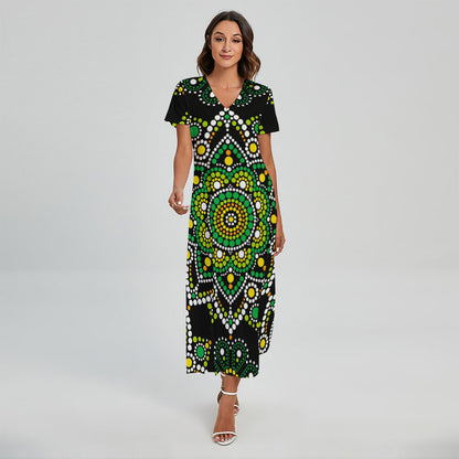 Green White Dot Mandala Print Short Sleeve Maxi Dress