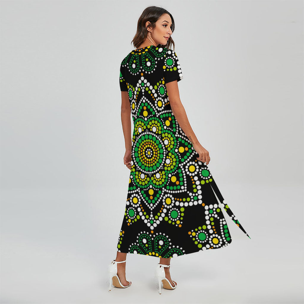 Green White Dot Mandala Print Short Sleeve Maxi Dress