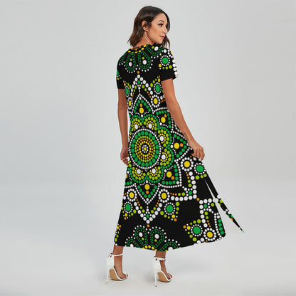 Green White Dot Mandala Print Short Sleeve Maxi Dress