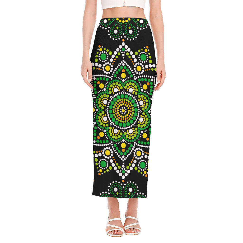 Green White Dot Mandala Print Side Slit Maxi Skirt