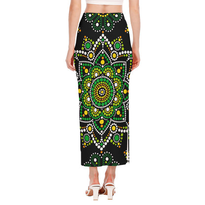 Green White Dot Mandala Print Side Slit Maxi Skirt