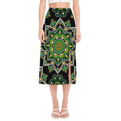 Green White Dot Mandala Print Side Slit Midi Skirt