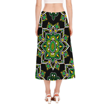 Green White Dot Mandala Print Side Slit Midi Skirt