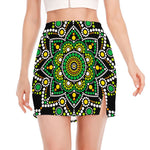 Green White Dot Mandala Print Side Slit Mini Skirt
