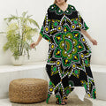 Green White Dot Mandala Print Silk V-Neck Kaftan Dress