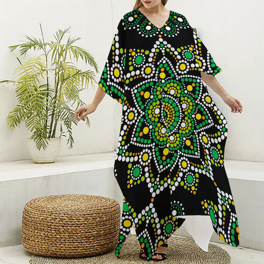 Green White Dot Mandala Print Silk V-Neck Kaftan Dress