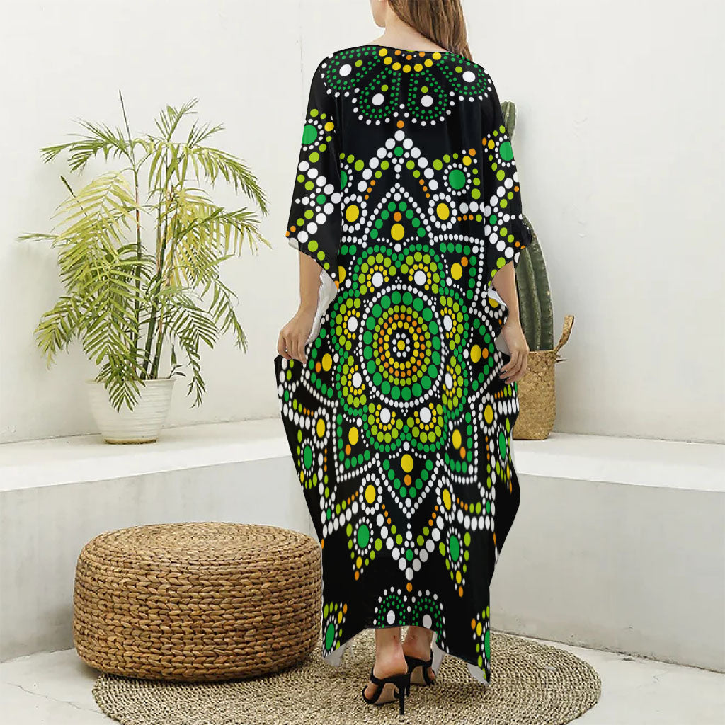 Green White Dot Mandala Print Silk V-Neck Kaftan Dress