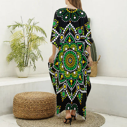Green White Dot Mandala Print Silk V-Neck Kaftan Dress