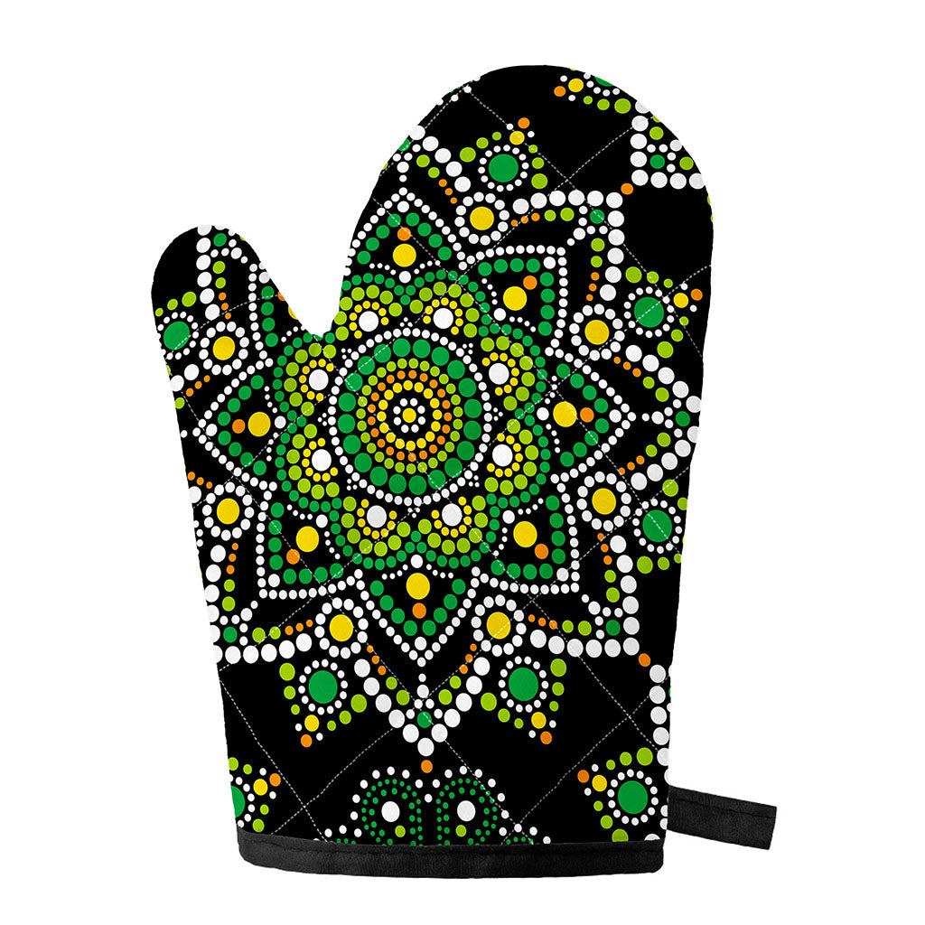 Green White Dot Mandala Print Single Oven Mitt