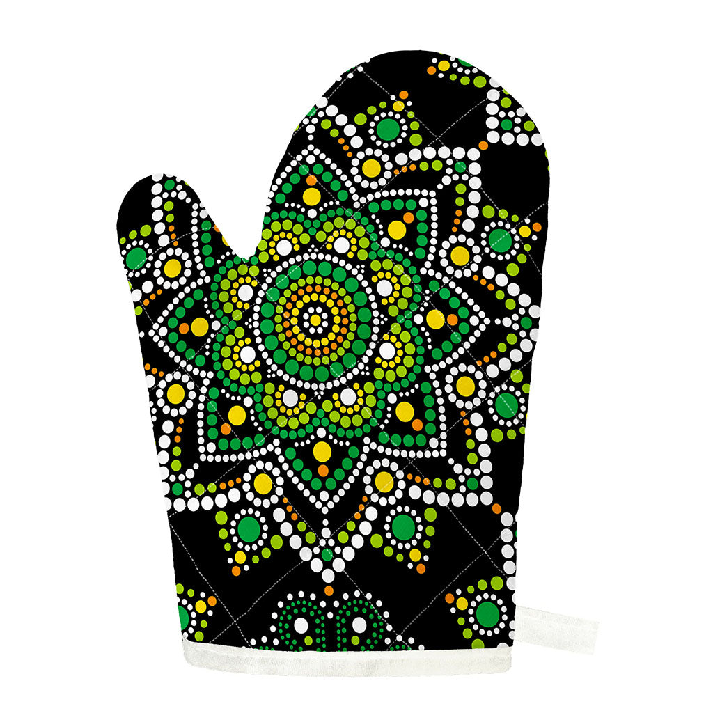 Green White Dot Mandala Print Single Oven Mitt