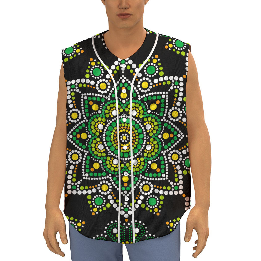 Green White Dot Mandala Print Sleeveless Baseball Jersey