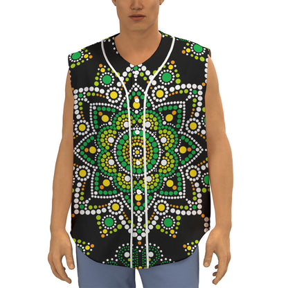 Green White Dot Mandala Print Sleeveless Baseball Jersey