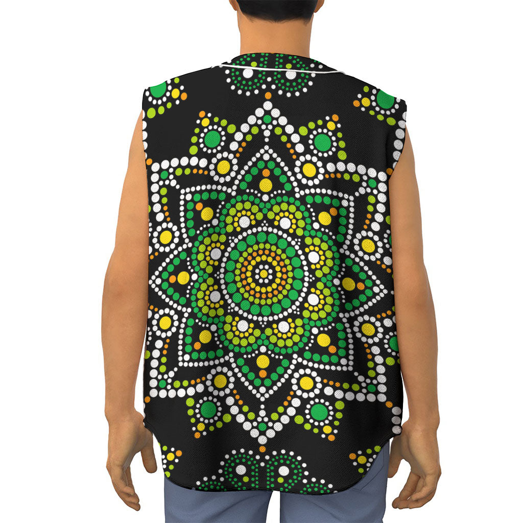 Green White Dot Mandala Print Sleeveless Baseball Jersey