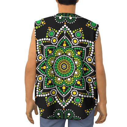 Green White Dot Mandala Print Sleeveless Baseball Jersey