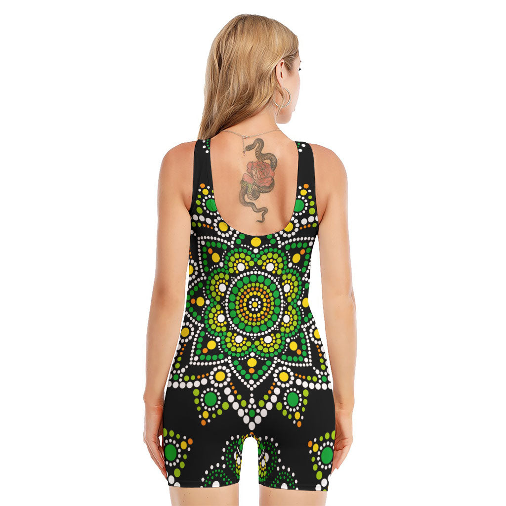Green White Dot Mandala Print Sleeveless One Piece Swimsuit