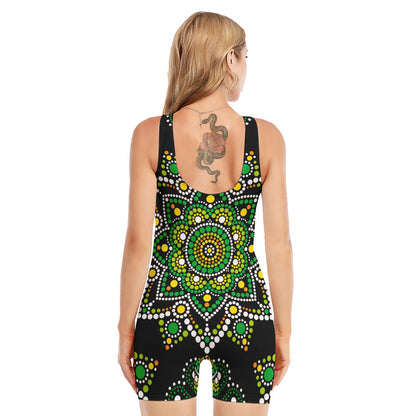 Green White Dot Mandala Print Sleeveless One Piece Swimsuit
