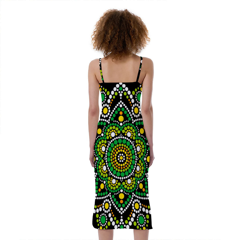 Green White Dot Mandala Print Slim Fit Midi Cami Dress