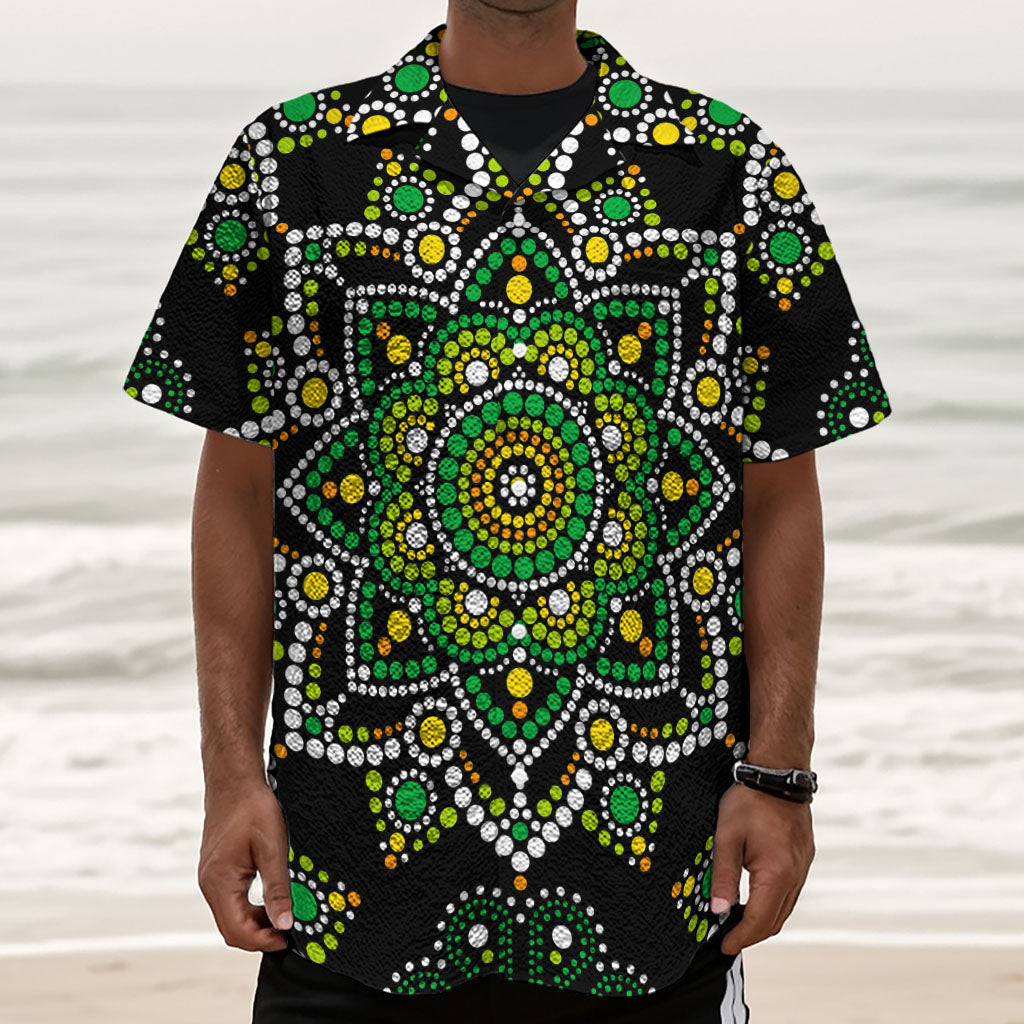 Green White Dot Mandala Print Textured Short Sleeve Shirt