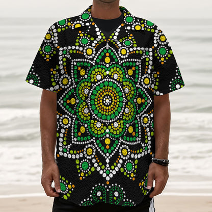 Green White Dot Mandala Print Textured Short Sleeve Shirt