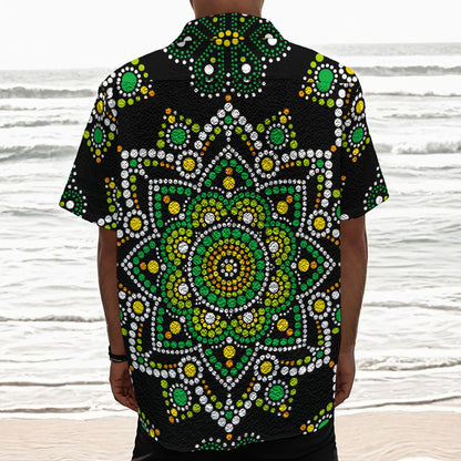 Green White Dot Mandala Print Textured Short Sleeve Shirt