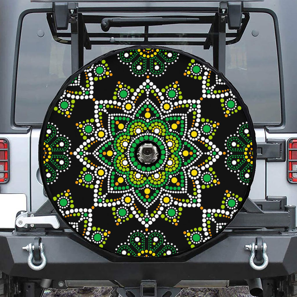 Green White Dot Mandala Print Tire Cover With Camera Hole