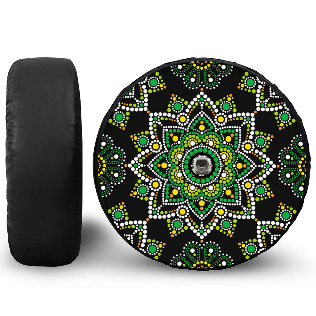 Green White Dot Mandala Print Tire Cover With Camera Hole