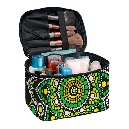 Green White Dot Mandala Print Travel Makeup Bag