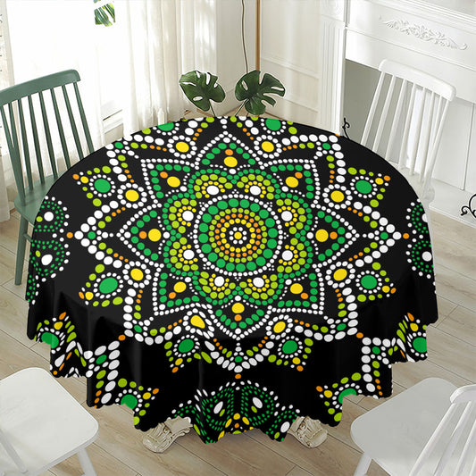 Green White Dot Mandala Print Waterproof Round Tablecloth