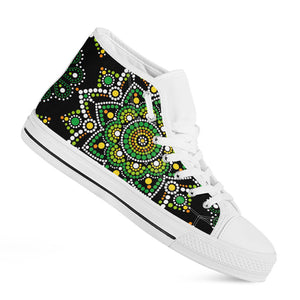 Green White Dot Mandala Print White High Top Sneakers