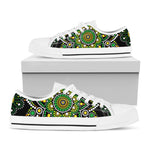 Green White Dot Mandala Print White Low Top Sneakers