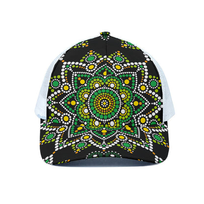 Green White Dot Mandala Print White Mesh Trucker Cap