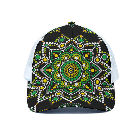 Green White Dot Mandala Print White Mesh Trucker Cap