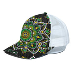 Green White Dot Mandala Print White Mesh Trucker Cap