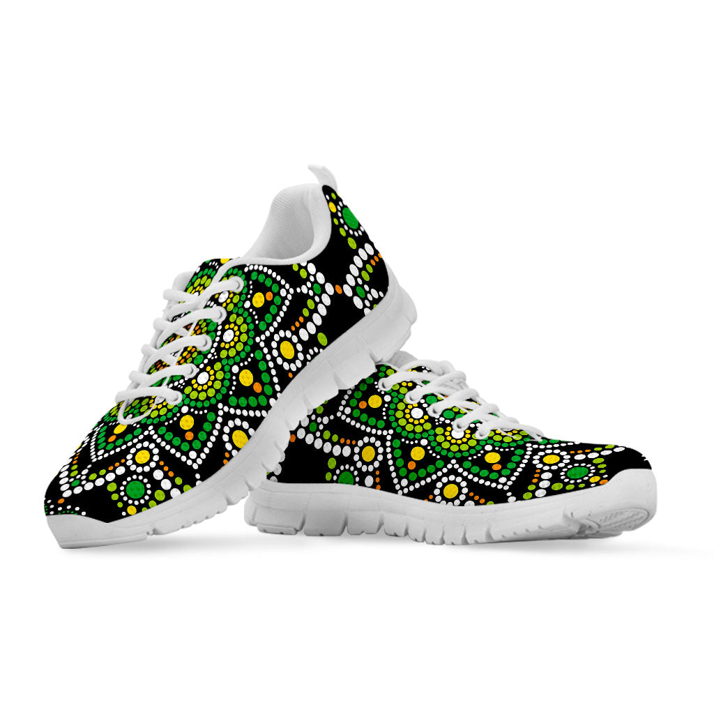 Green White Dot Mandala Print White Running Shoes