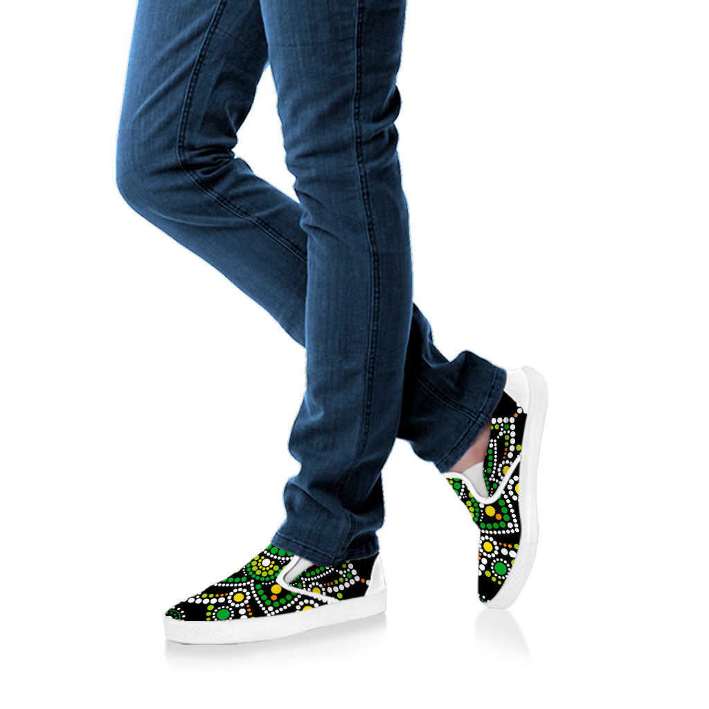 Green White Dot Mandala Print White Slip On Sneakers