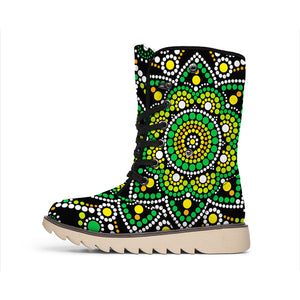 Green White Dot Mandala Print Winter Boots