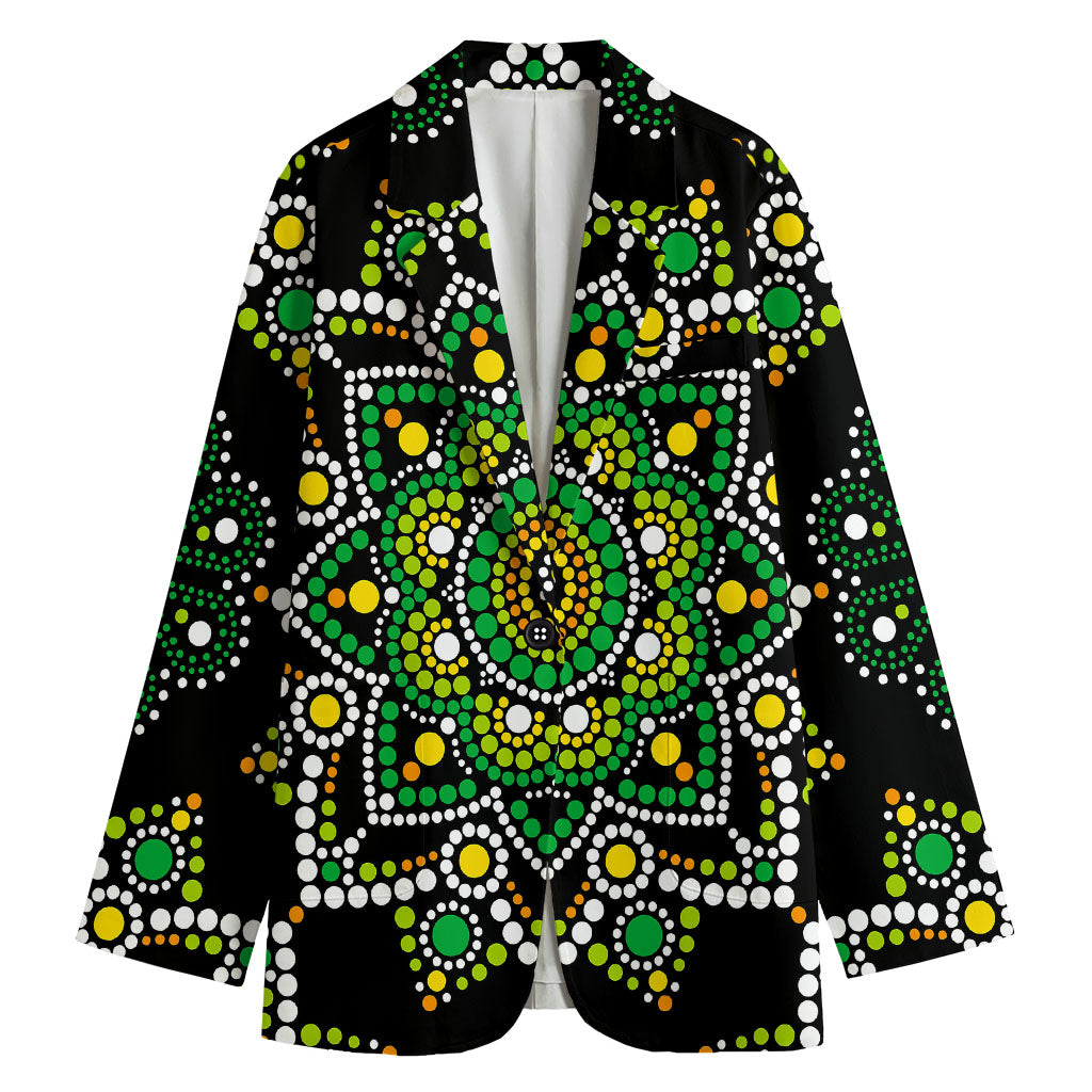Green White Dot Mandala Print Women's Blazer