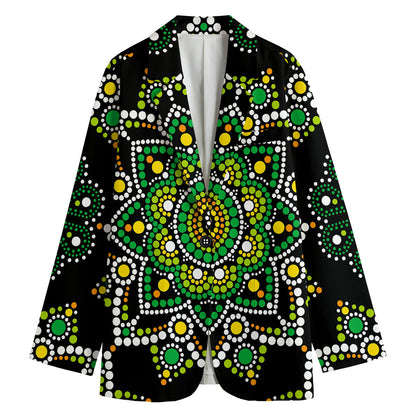 Green White Dot Mandala Print Women's Blazer