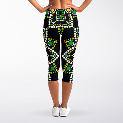 Green White Dot Mandala Print Women's Capri Leggings
